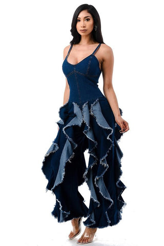 Spagettie Strap Ruffled Flare Denim Jumpsuit